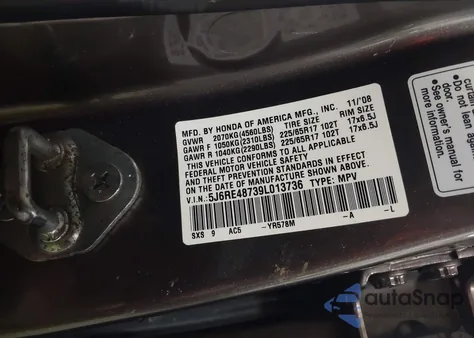 2009 Honda Cr-V Ex-L z USA, uszkodzony, nr VIN 5J6RE48739L013736